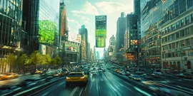 Banner zeigt ein hyperrealistisches Bild einer Stadt der Zukunft.